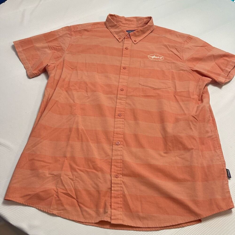 Patagonia Organic Cotton Orange Stripe Short Sleeve Button Up Shirt Size XXL